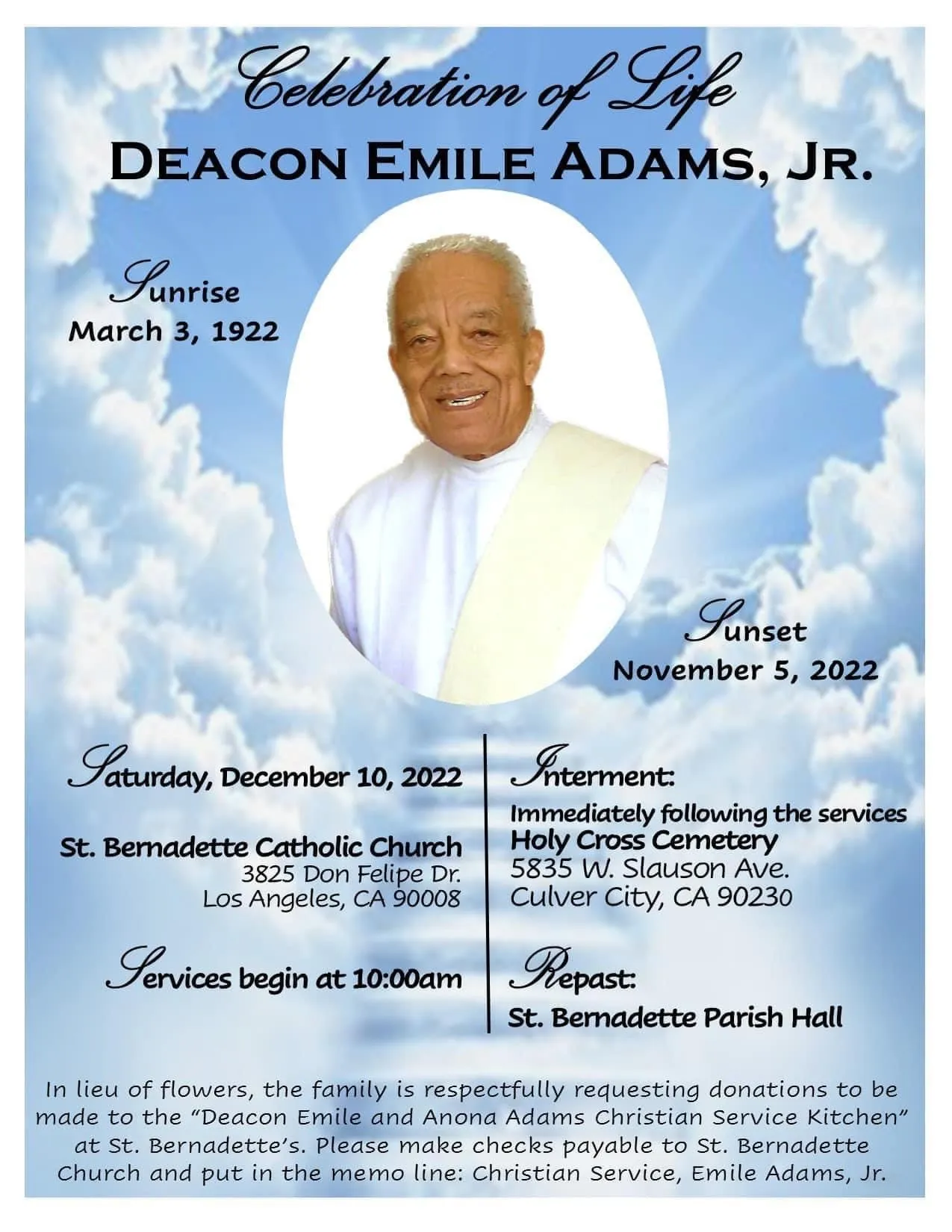 Emile Adams, oldest US Catholic deacon, dead at 100