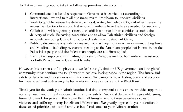 Letter: House Reps. press White House on innocent Gazans in Israel-Hamas War